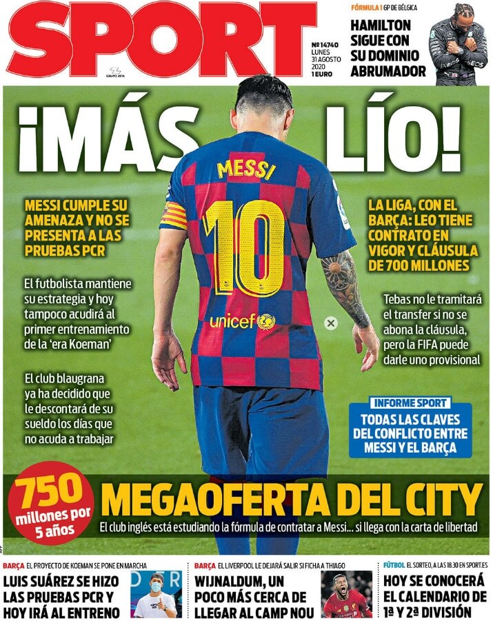 Portadas Diarios Deportivos Lunes 31/08/2020 Portadas Diarios Deportivos Lunes 31/08/2020