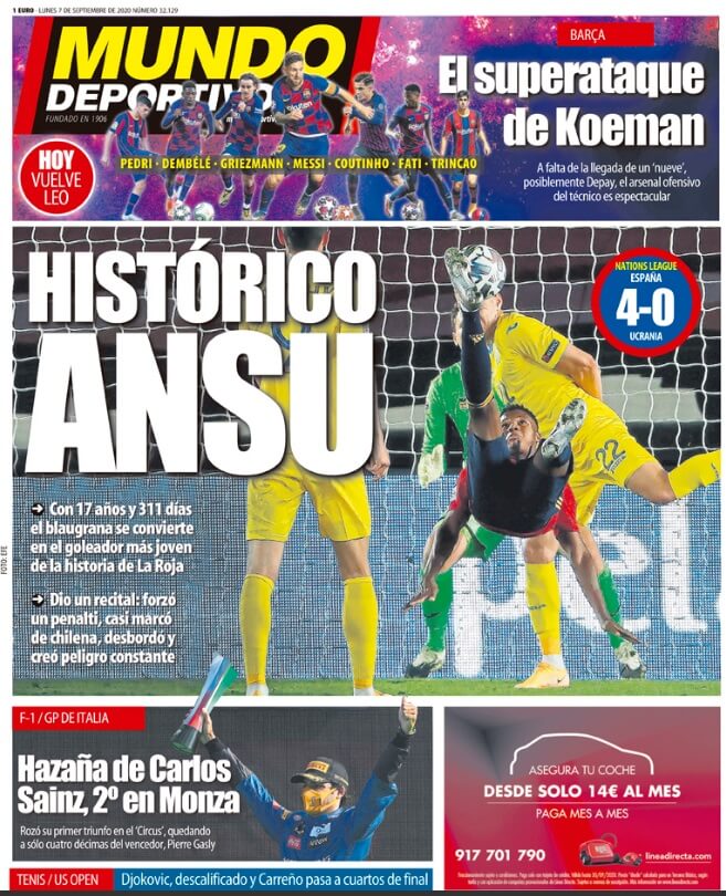 Portadas Diarios Deportivos Lunes 7/09/2020 Portadas Diarios Deportivos Lunes 7/09/2020