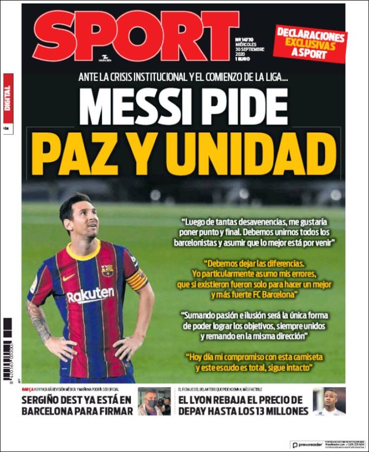 Portadas Diarios Deportivos Miércoles 30/09/2020 Portadas Diarios Deportivos Miércoles 30/09/2020