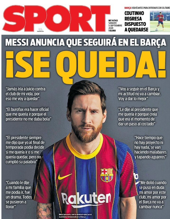 Portadas Diarios Deportivos Sábado 5/09/2020 Portadas Diarios Deportivos Sábado 5/09/2020
