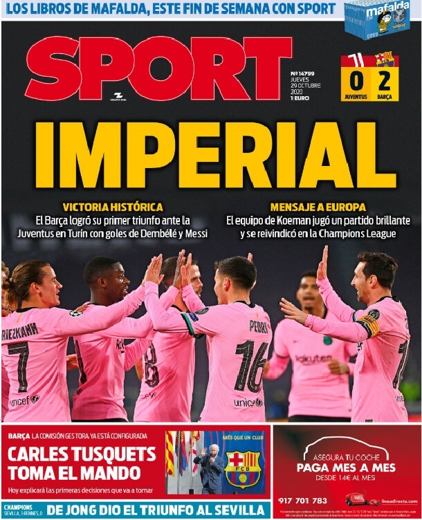 Portadas Diarios Deportivos Jueves 29/10/2020 Portadas Diarios Deportivos Jueves 29/10/2020
