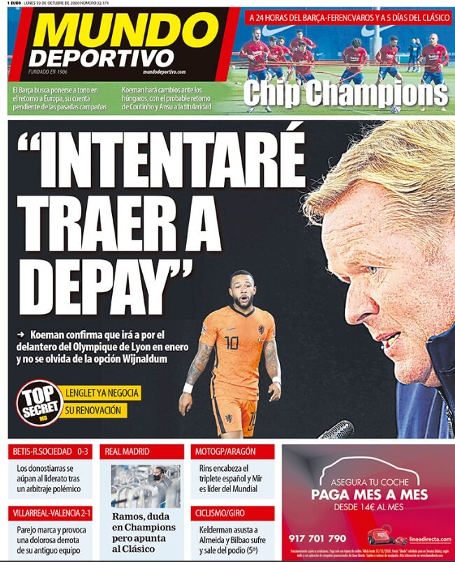 Portadas Diarios Deportivos Lunes 19/10/2020 Portadas Diarios Deportivos Lunes 19/10/2020