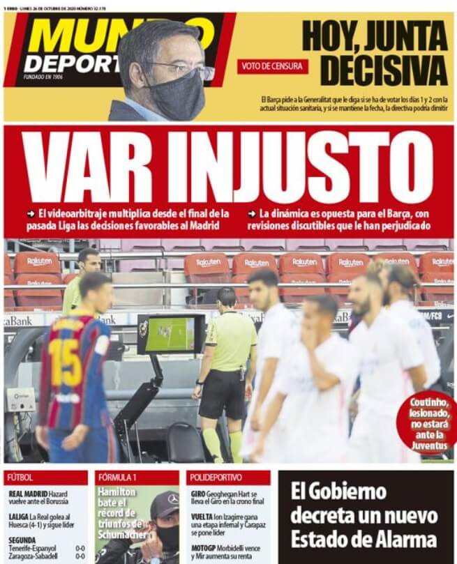 Portadas Diarios Deportivos Lunes 26/10/2020 