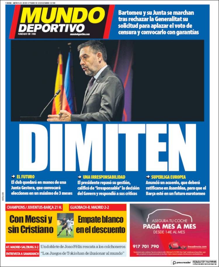 Portadas Diarios Deportivos Miércoles 28/10/2020 Portadas Diarios Deportivos Miércoles 28/10/2020