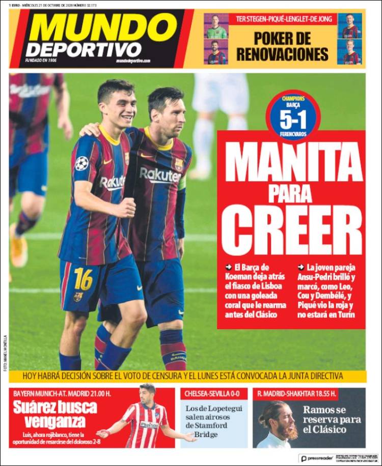Portadas Diarios Deportivos Miércoles 21/10/2020 Portadas Diarios Deportivos Miércoles 21/10/2020
