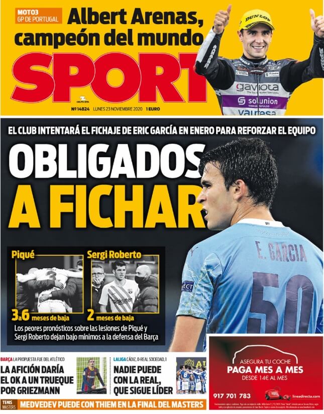 Portadas Diarios Deportivos Lunes 23/11/2020 Portadas Diarios Deportivos Lunes 23/11/2020