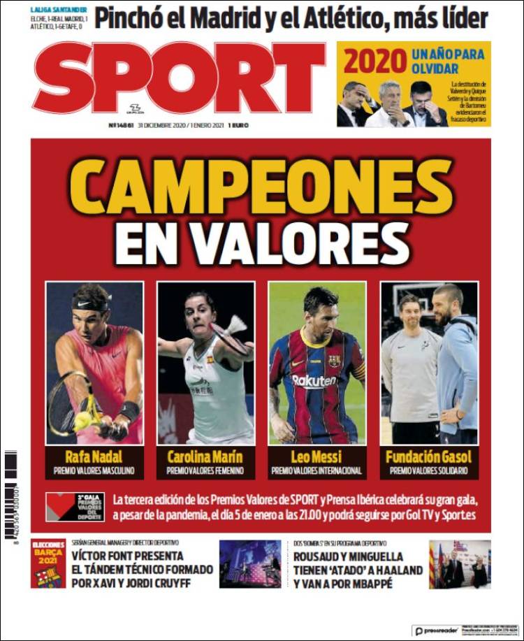 Portadas Diarios Deportivos Jueves 31/12/2020 