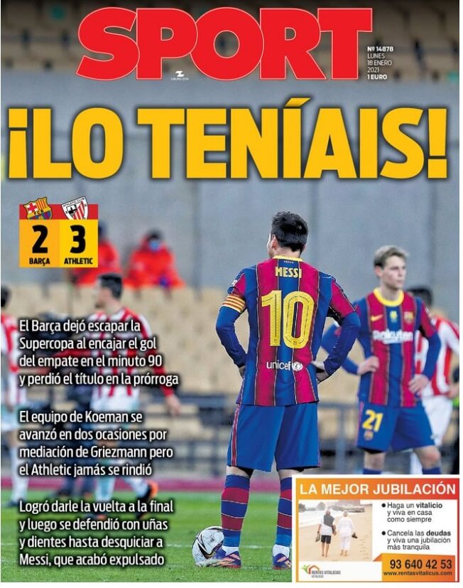 Portadas Diarios Deportivos Lunes 18/1/2021