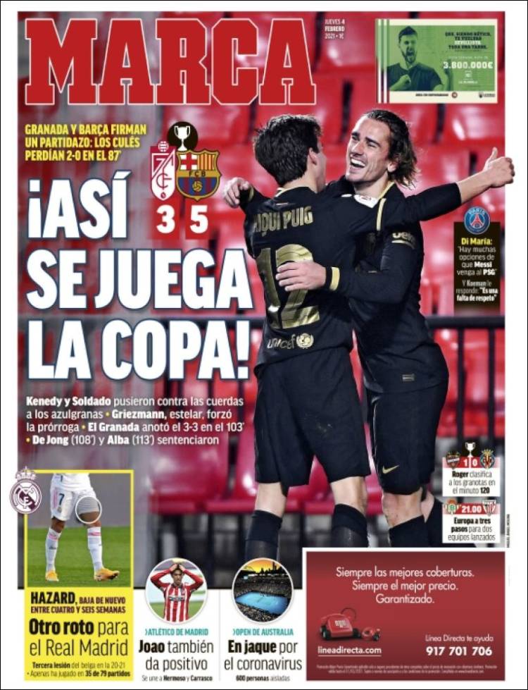 Portadas Diarios Deportivos Jueves 4/2/2021 Portadas Diarios Deportivos Jueves 4/2/2021
