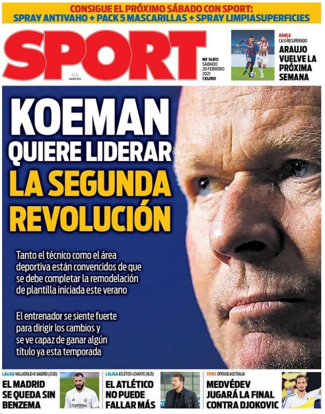 Portadas Diarios Deportivos Sábado 20/2/2021 Portadas Diarios Deportivos Sábado 20/2/2021