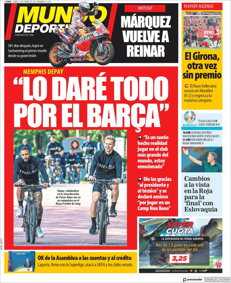 Portadas Diarios Deportivos Lunes 21/6/2021 Portadas Diarios Deportivos Lunes 21/6/2021