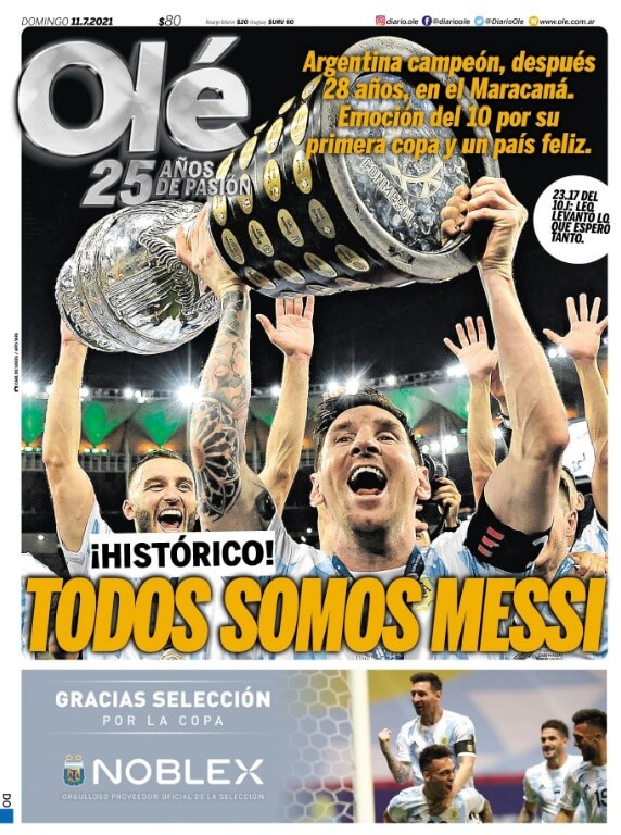 Portadas Diarios Deportivos Domingo 11/7/2021 Portadas Diarios Deportivos Domingo 11/7/2021 Messi Campeon Copa america 2021 con Argentina