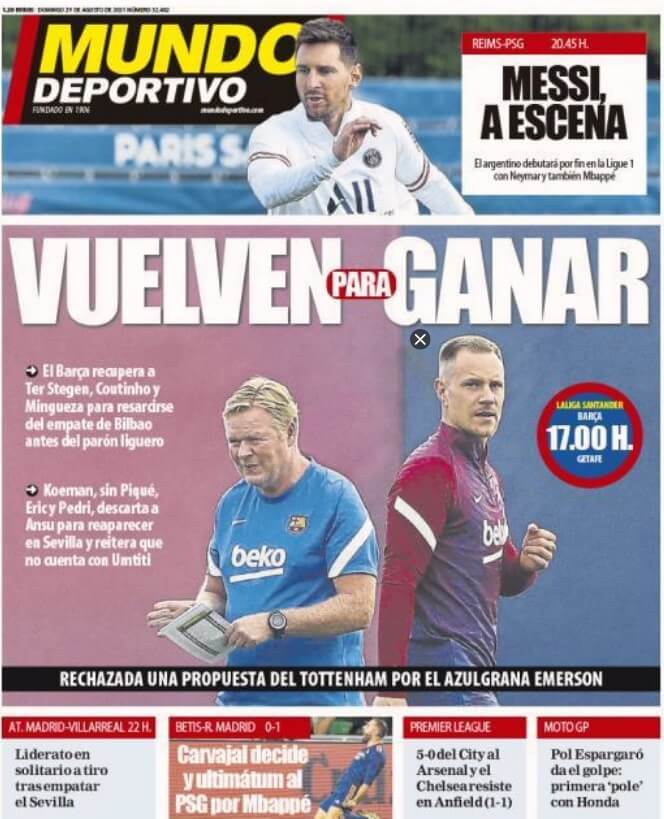 Portadas Diarios Deportivos Domingo 29/8/2021 Portadas Diarios Deportivos Domingo 29/8/2021