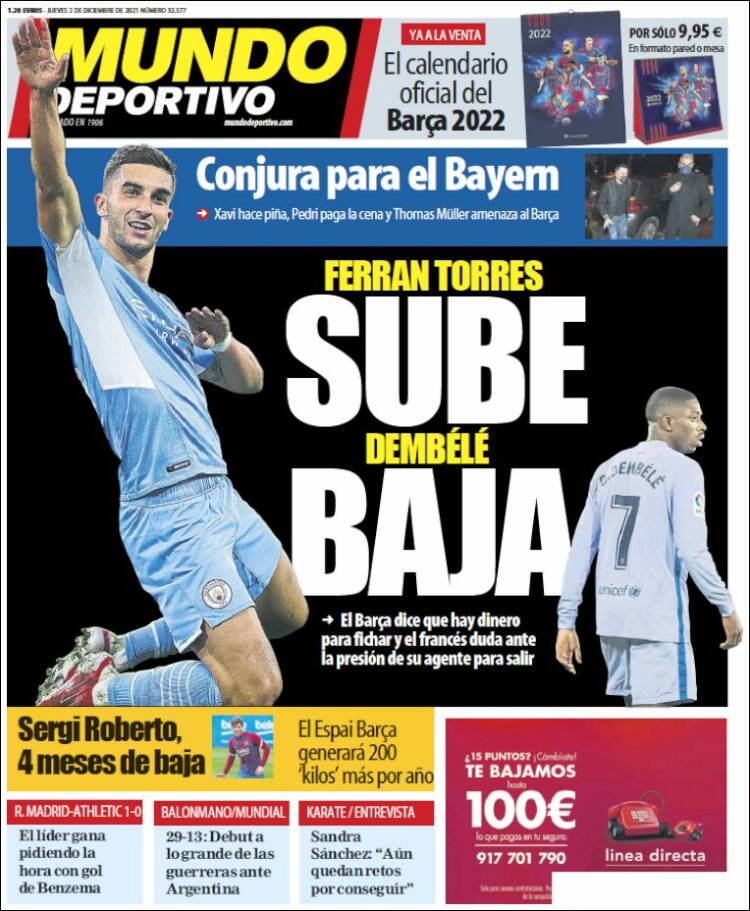 Portadas Deportivas Jueves 2/12/2021