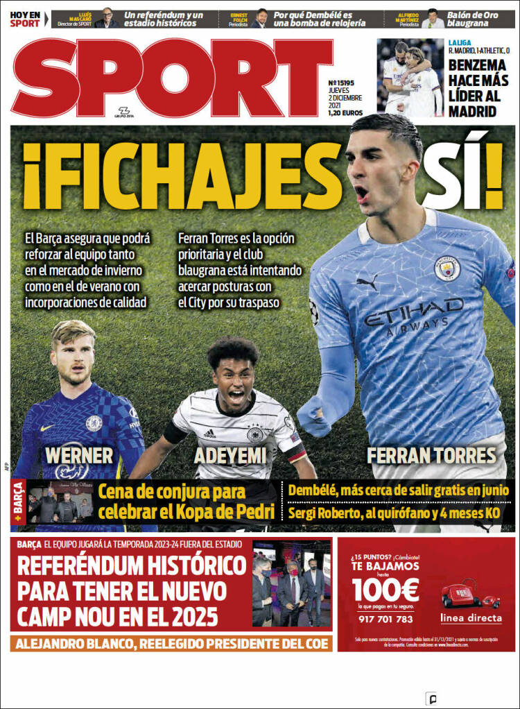 Portadas Deportivas Jueves 2/12/2021