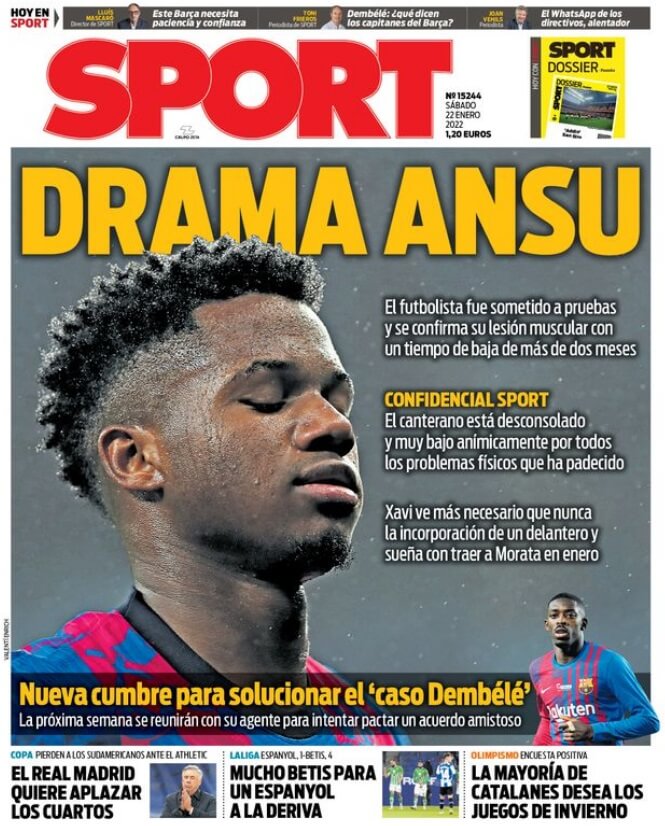 Portadas Deportivas Sábado 22/1/2022 Portadas Deportivas Sábado 22/1/2022