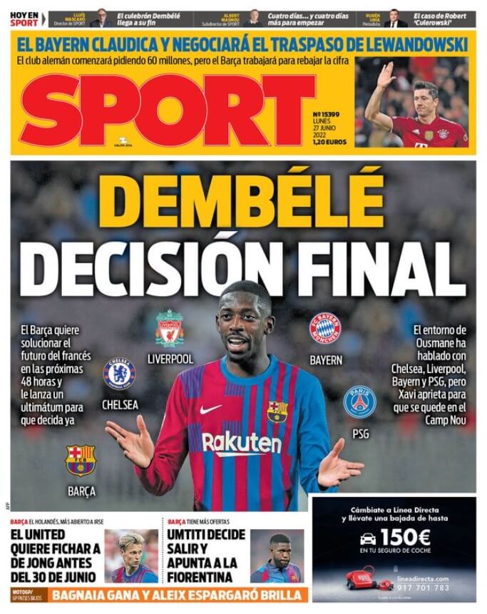 Portadas Deportivas Lunes 27/6/2022 Portadas Deportivas Lunes 27/6/2022