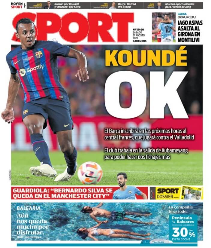 Portadas Deportivas Sábado 27/8/2022
