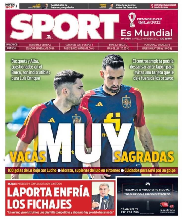 Portadas Deportivas Martes 29/11/2022