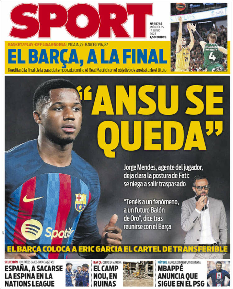 Portadas Deportivas Miércoles 14/6/2023 Portadas Deportivas Miércoles 14/6/2023