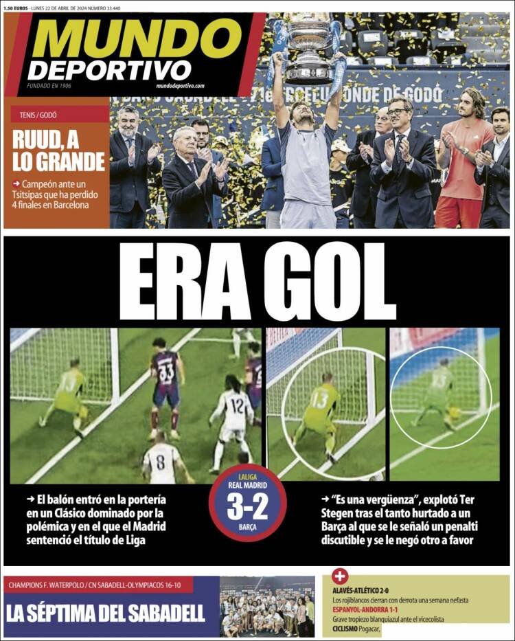 Portadas Deportivas Lunes 22/4/2024