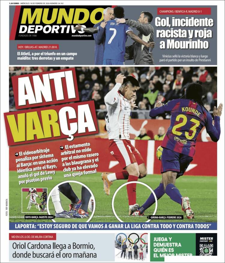 Portadas Deportivas Miércoles 18/2/2026 Portadas Deportivas Miércoles 18/2/2026